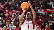 Johnell Davis (1) shoots a three against UTSA inside Bud Walton Arena. The Razorbacks won 75-60. 