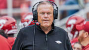 Arkansas Razorbacks coach Sam Pittman on the sidelines against the Ole Miss Rebels at Razorback Stadium in Fayetteville, Ark.