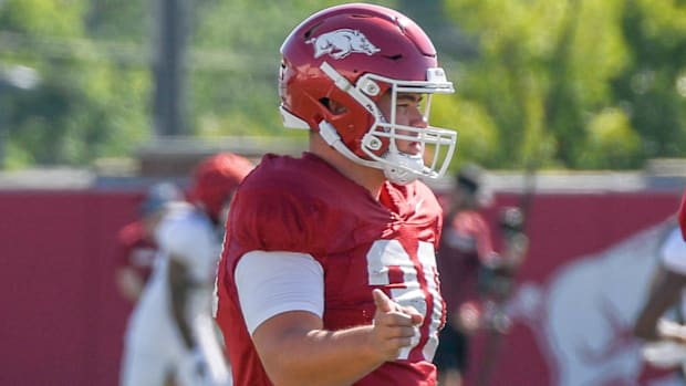 Razorbacks long-snapper Ashton Ngo during a practice in fall camp.