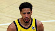 Jun 11, 2025; Indianapolis, Indiana, USA; Indiana Pacers guard Tyrese Haliburton (0) celebrate after a play during the third quarter against the Oklahoma City Thunder in game three of the 2025 NBA Finals at Gainbridge Fieldhouse. Mandatory Credit: Trevor Ruszkowski-Imagn Images