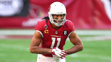 Dec 20, 2020; Glendale, Arizona, USA; Arizona Cardinals wide receiver Larry Fitzgerald (11) against the Philadelphia Eagles at State Farm Stadium. Mandatory Credit: Mark J. Rebilas-Imagn Images