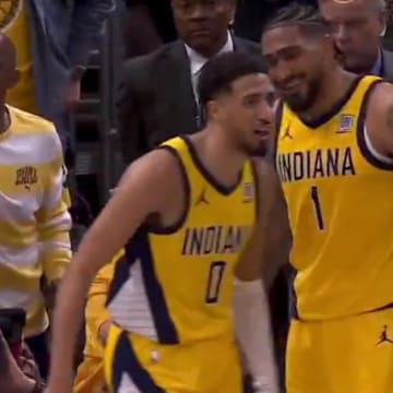 Tyrese Haliburton and his father celebrate a bucket in Game 4 of the NBA Finals.