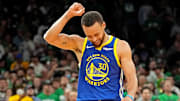 Golden State Warriors guard Stephen Curry (30) reacts during the fourth quarter against the Boston Celtics in game six of the 2022 NBA Finals at TD Garden.