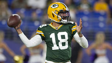 Aug 15, 2019; Baltimore, MD, USA; Green Bay Packers quarterback Manny Wilkins (18) throws during the second half against the Baltimore Ravens at M&T Bank Stadium. Mandatory Credit: Tommy Gilligan-Imagn Images
