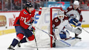 Feb 13, 2024; Washington, District of Columbia, USA; Washington Capitals right wing T.J. Oshie (77) skates in on Colorado Avalanche goaltender Alexandar Georgiev (40) in the third period at Capital One Arena. Mandatory Credit: Geoff Burke-Imagn Images