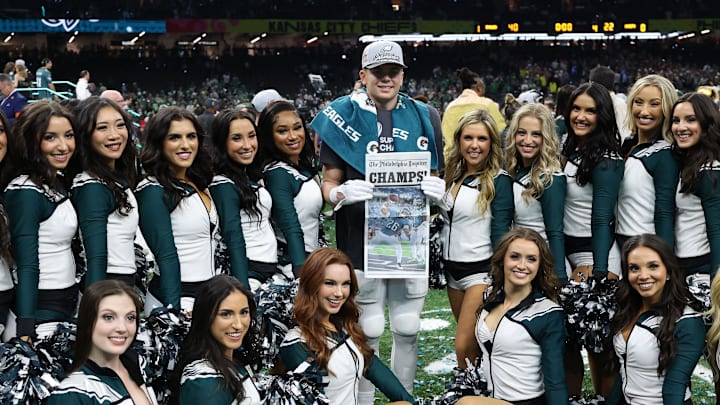 Philadelphia Eagles cornerback Cooper DeJean (M) celebrates with Eagles cheerleaders after Super Bowl LIX against the Kansas City Chiefs. Philadelphia Eagles cornerback Cooper DeJean (M) celebrates with Eagles cheerleaders after Super Bowl LIX against the Kansas City Chiefs.