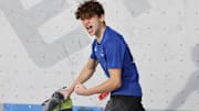 May 22, 2021; Salt Lake City, Utah, USA; Mejdi Schalck (FRA) reacts after his final climb in the IFSC Climbing World Cup - Boulder competition finals at Industry SLC. Mandatory Credit: Jeffrey Swinger-Imagn Images