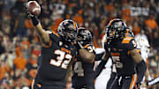 iNov 13, 2021; Corvallis, Oregon, USA; Oregon State Beavers defensive lineman Keonte Schad (32) celebrates with teammates after a fumble recovery during the second half against the Stanford Cardinal at Reser Stadium. Mandatory Credit: Soobum Im-Imagn Images