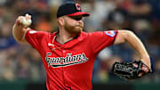 Sep 16, 2024; Cleveland, Ohio, USA; Cleveland Guardians relief pitcher Andrew Walters (63) throws a pitch during the eighth inning against the Minnesota Twins at Progressive Field. Mandatory Credit: Ken Blaze-Imagn Images