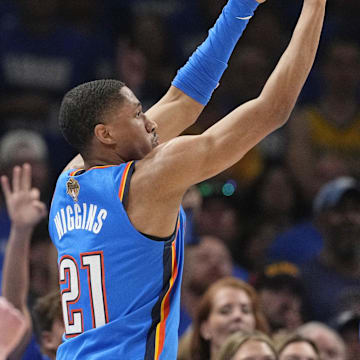 Jun 8, 2025; Oklahoma City, Oklahoma, USA; Oklahoma City Thunder guard Aaron Wiggins (21) shoots the ball against the Indiana Pacers during the first half in Game 2 of the 2025 NBA Finals at Paycom Center. Mandatory Credit: Kyle Terada-Imagn Images