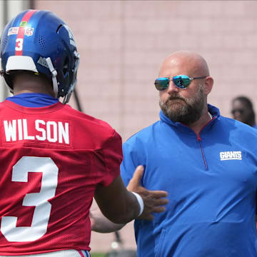 Quarterback, Russell Wilson and Coach Brian Daboll as the New York Giants players participate in their 2025 OTA's at the Quest Diagnostic Giants Training Center in East Rutherford.