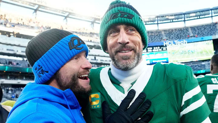 Los Angles Rams coach Sean McVay talks with New York Jets quarterback Aaron Rodgers after a game. Los Angles Rams coach Sean McVay talks with New York Jets quarterback Aaron Rodgers after a game.