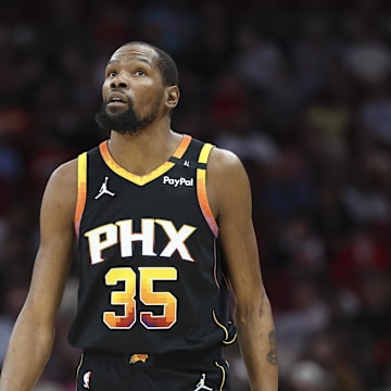 Phoenix Suns forward Kevin Durant (35) reacts after a play during the first half against the Houston Rockets at Toyota Center.