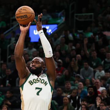 Dec 29, 2023; Boston, Massachusetts, USA; Boston Celtics forward Jaylen Brown (7) shoots during the first half against the Toronto Raptors at TD Garden. Mandatory Credit: Paul Rutherford-Imagn Images