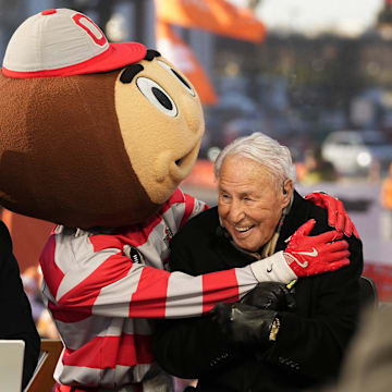 Lee Corso and the Ohio State Buckeyes mascot on the ESPN College GameDay set ahead of the 2024 College Football Playoff. 