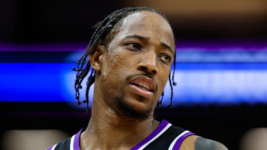 Apr 16, 2025; Sacramento, California, USA; Sacramento Kings forward DeMar DeRozan (10) looks on during the fourth quarter against the Dallas Mavericks at Golden 1 Center. Mandatory Credit: Sergio Estrada-Imagn Images