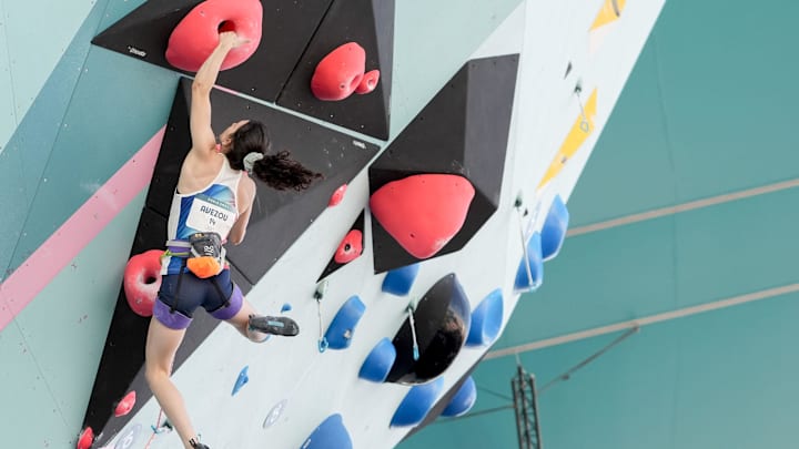 Aug 8, 2024; Le Bourget, France; Zelia Avezou of Team France competes in lead climbing during the Paris 2024 Olympic Summer Games at Le Bourget Sport Climbing Venue. Mandatory Credit: Jack Gruber-Imagn Images Aug 8, 2024; Le Bourget, France; Zelia Avezou of Team France competes in lead climbing during the Paris 2024 Olympic Summer Games at Le Bourget Sport Climbing Venue. Mandatory Credit: Jack Gruber-Imagn Images