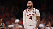 Mar 30, 2025; Atlanta, GA, USA; Auburn Tigers forward Johni Broome (4) celebrates after a play during the second half in the South Regional final of the 2025 NCAA tournament against the Michigan State Spartans at State Farm Arena. Mandatory Credit: Brett Davis-Imagn Images