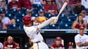 Arkansas Razorbacks shortstop Wehiwa Aloy (9) strikes out against the LSU Tigers during the ninth inning at Charles Schwab Field.