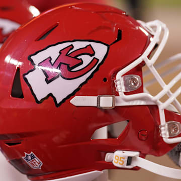 Dec 31, 2023; Kansas City, Missouri, USA; A general view of a Kansas City Chiefs helmet after the game against the Cincinnati Bengals at GEHA Field at Arrowhead Stadium. Mandatory Credit: Denny Medley-Imagn Images