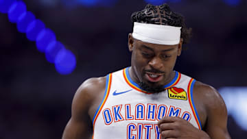 Jun 5, 2025; Oklahoma City, Oklahoma, USA; Oklahoma City Thunder guard Luguentz Dort (5) looks on during the third quarter against the Indiana Pacers during game one of the 2025 NBA Finals at Paycom Center. Mandatory Credit: Alonzo Adams-Imagn Images