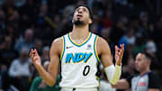 Dec 31, 2024; Indianapolis, Indiana, USA; Indiana Pacers guard Tyrese Haliburton (0) reacts to a call  in the first half against the Milwaukee Bucks at Gainbridge Fieldhouse. Mandatory Credit: Trevor Ruszkowski-Imagn Images