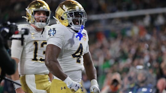 Notre Dame running back Jeremiyah Love celebrates his touchdown in the national title game last season.