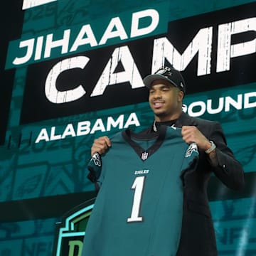 Apr 24, 2025; Green Bay, WI, USA; Alabama Crimson Tide linebacker Jihaad Campbell is selected by the Philadelphia Eagles as the number 31 pick in the first round of the 2025 NFL Draft at Lambeau Field. Mandatory Credit: Kirby Lee-Imagn Images